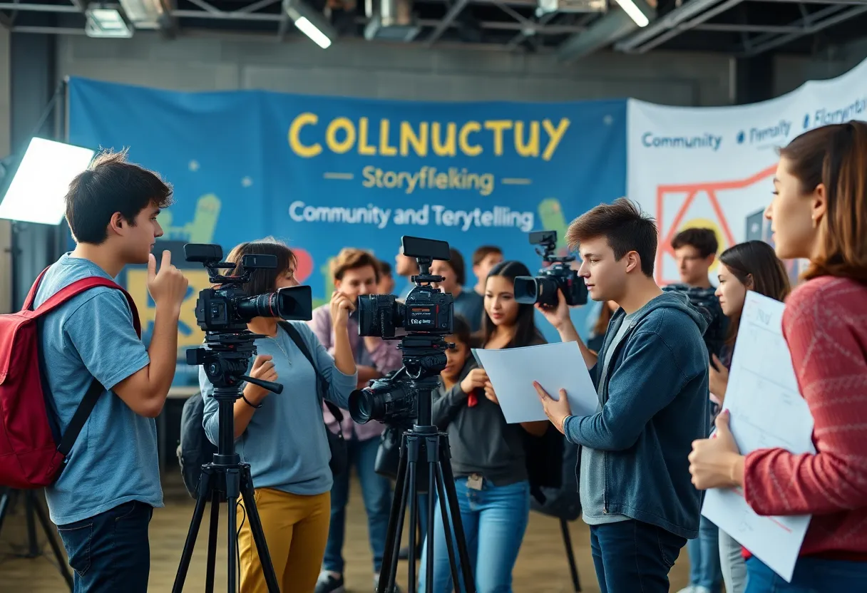 Young filmmakers collaborating on a film project