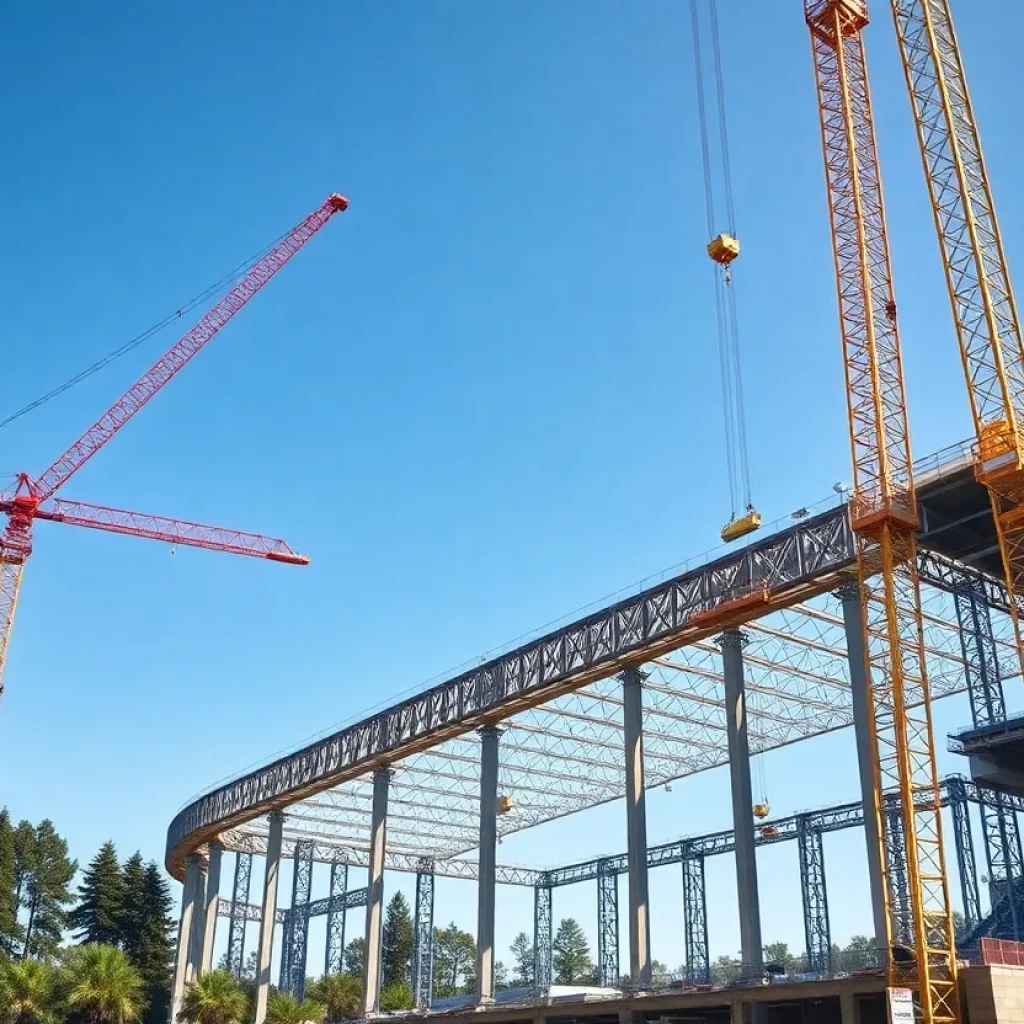 Construction site of Amway Stadium in Grand Rapids with cranes and workers.