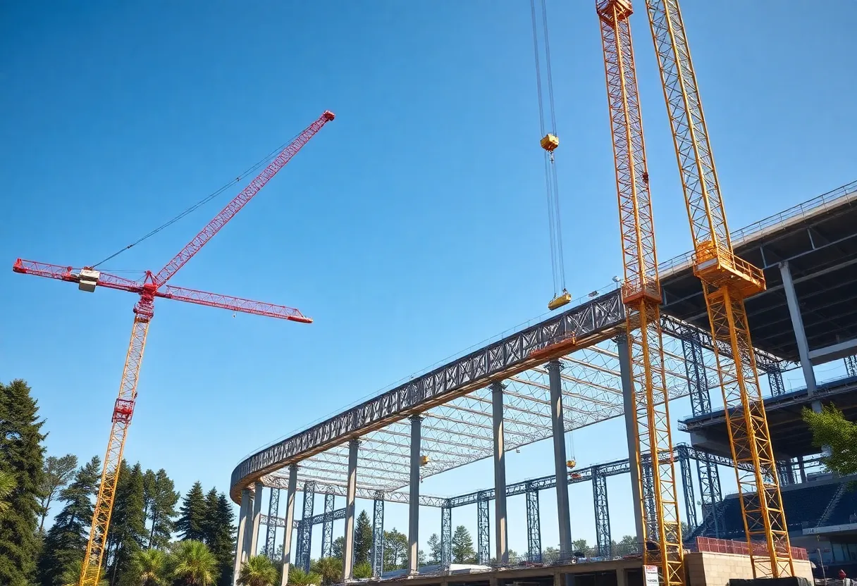Construction site of Amway Stadium in Grand Rapids with cranes and workers.