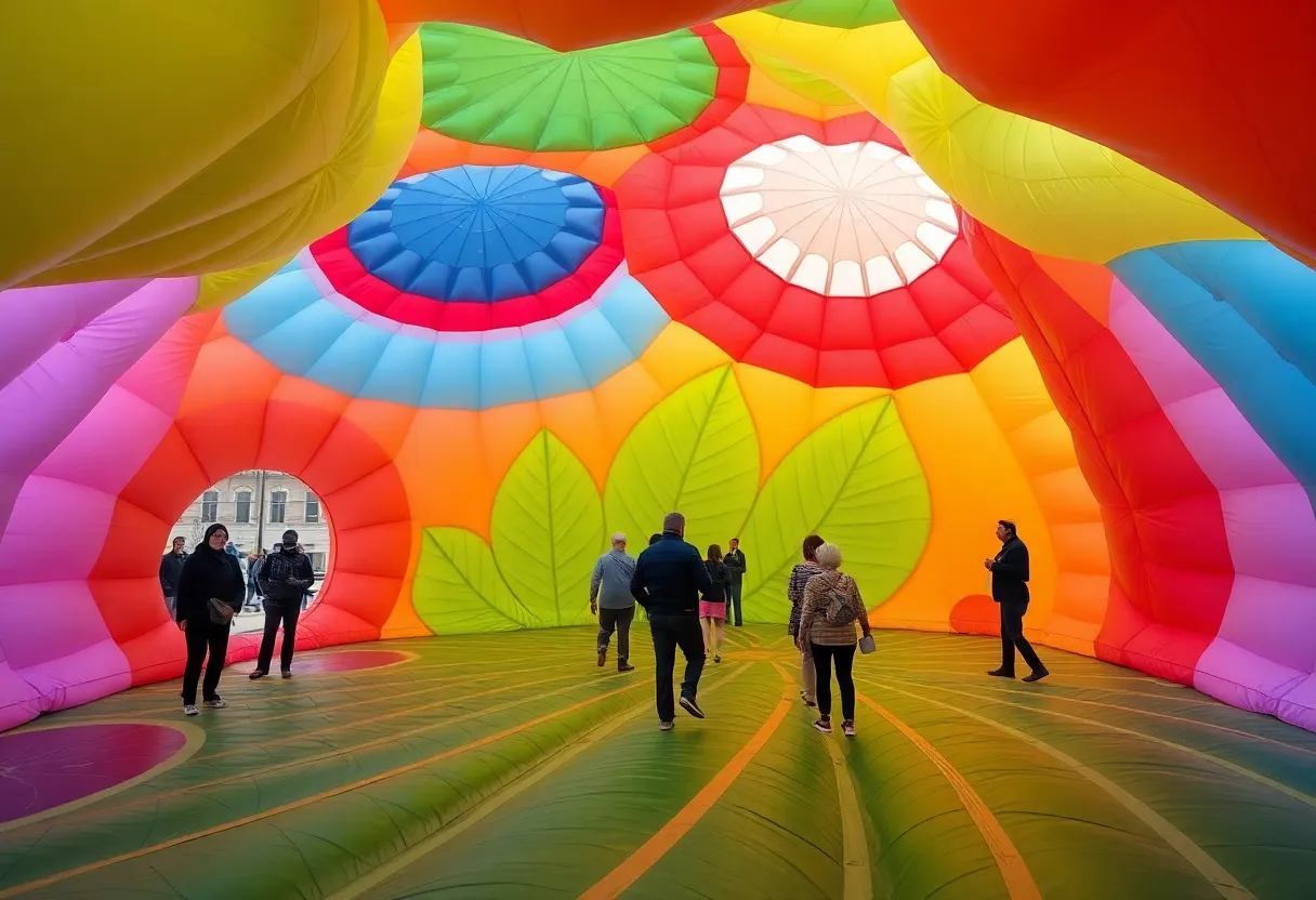Visitors exploring the Arborialis Luminarium art installation in Grand Rapids.