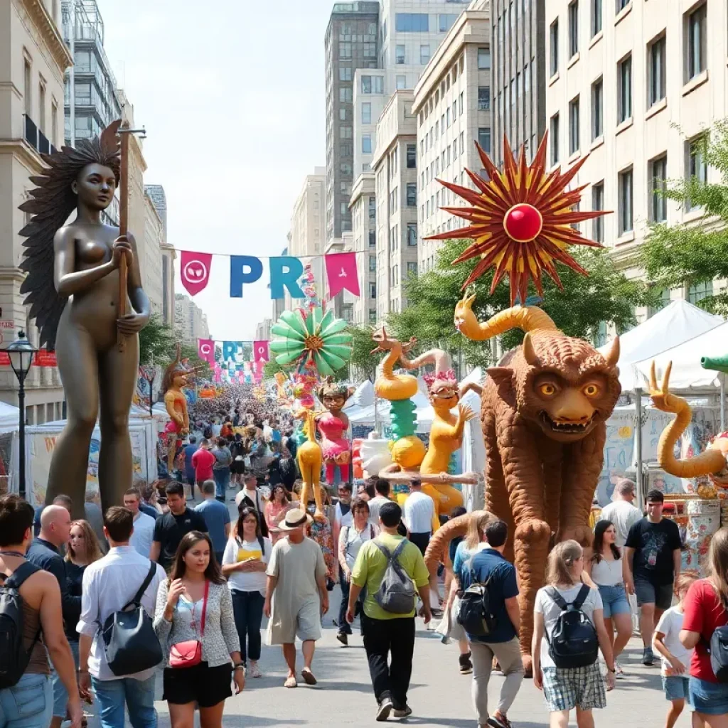 A colorful scene from ArtPrize 2025 showcasing various art installations and festival activities.