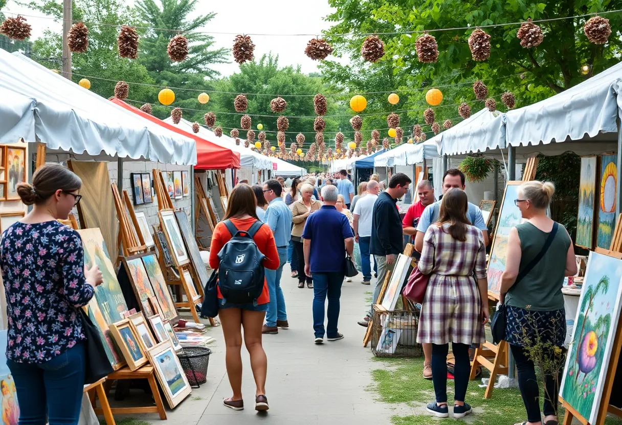 Outdoor scene of ArtPrize 2025 with artists and attendees engaging with art installations.