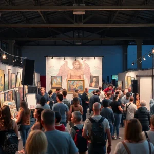 Crowd enjoying the ArtPrize festival with artworks displayed