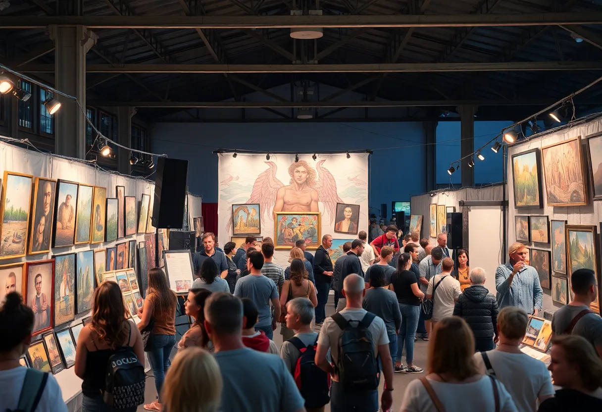 Crowd enjoying the ArtPrize festival with artworks displayed