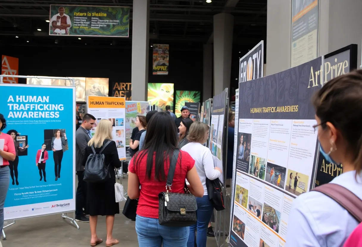 ArtPrize event scene showcasing human trafficking awareness posters and attendees interacting with them.