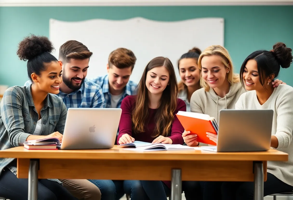 Group of aspiring educators working together in a classroom