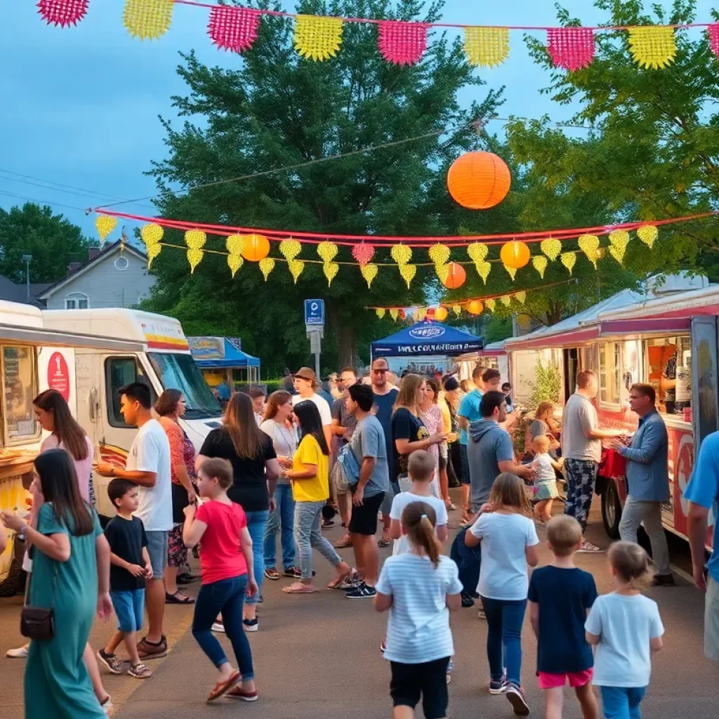 Families enjoying the Brewery Vivant Community Jamboree Festival with food trucks and live music.