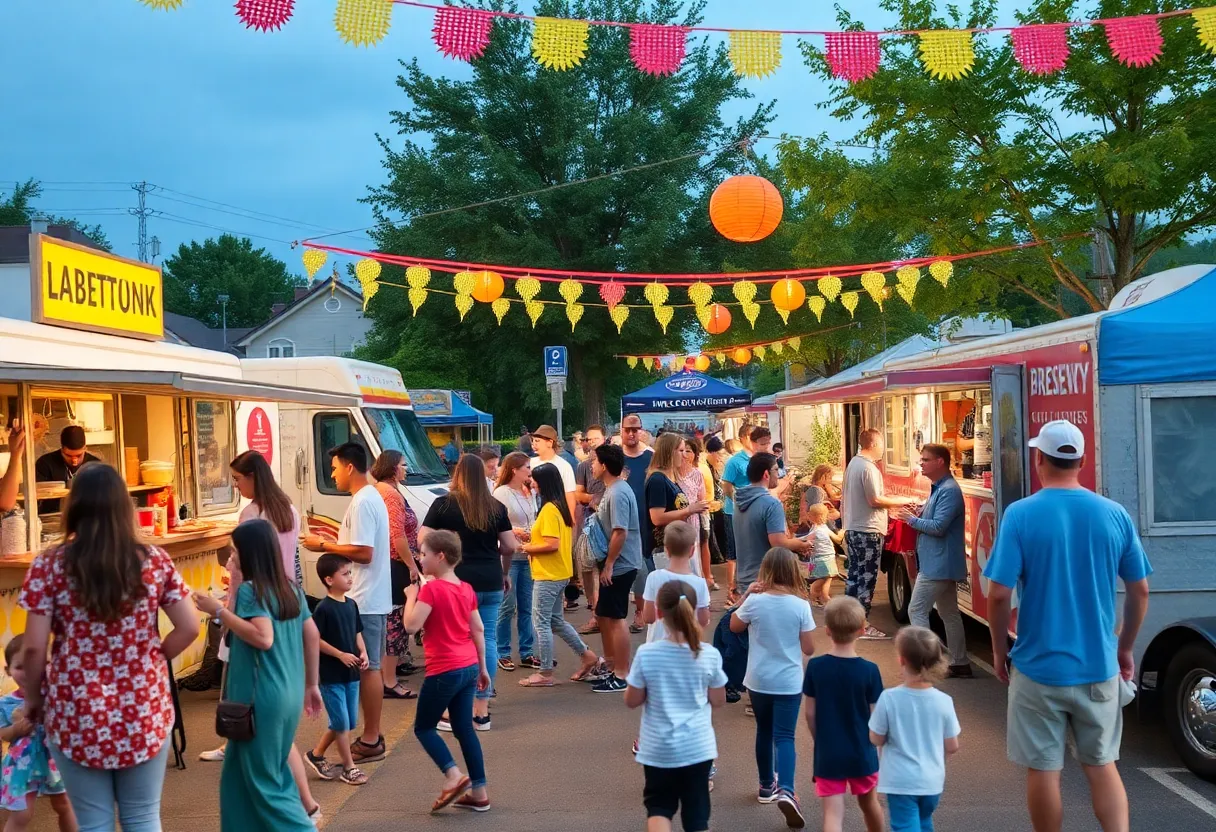 Families enjoying the Brewery Vivant Community Jamboree Festival with food trucks and live music.