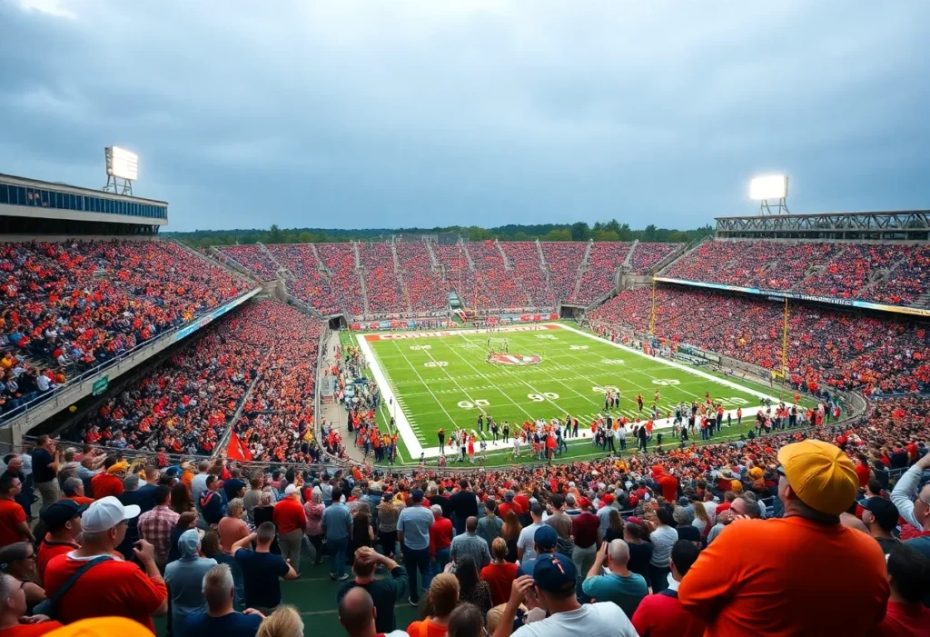 Fans celebrating at Calvin University football game.