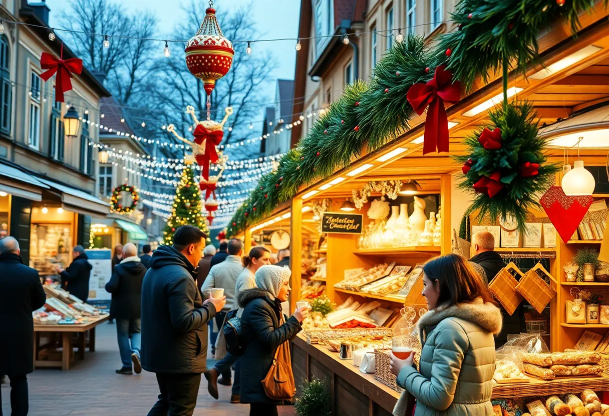 A lively scene at the Grand Rapids Christkindl Markt with vendors and holiday decorations