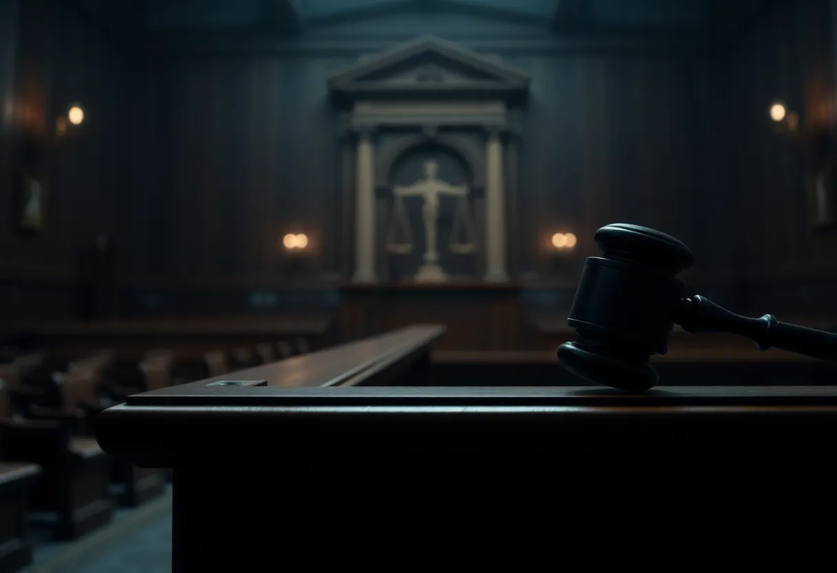 A judge's gavel on the bench in a courtroom