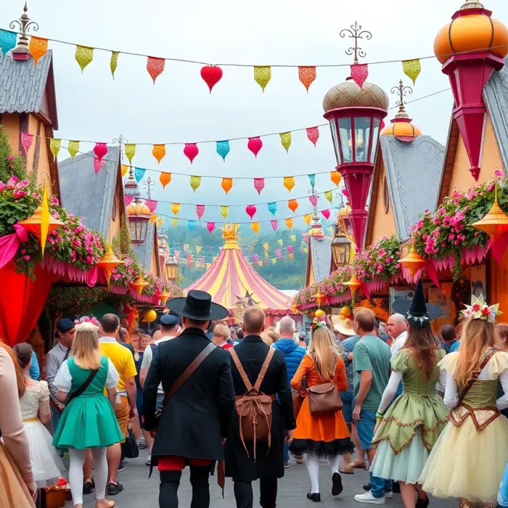 Scene from the Enchanted Woods Fantasy Faire with colorful decorations and performers.