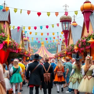 Scene from the Enchanted Woods Fantasy Faire with colorful decorations and performers.