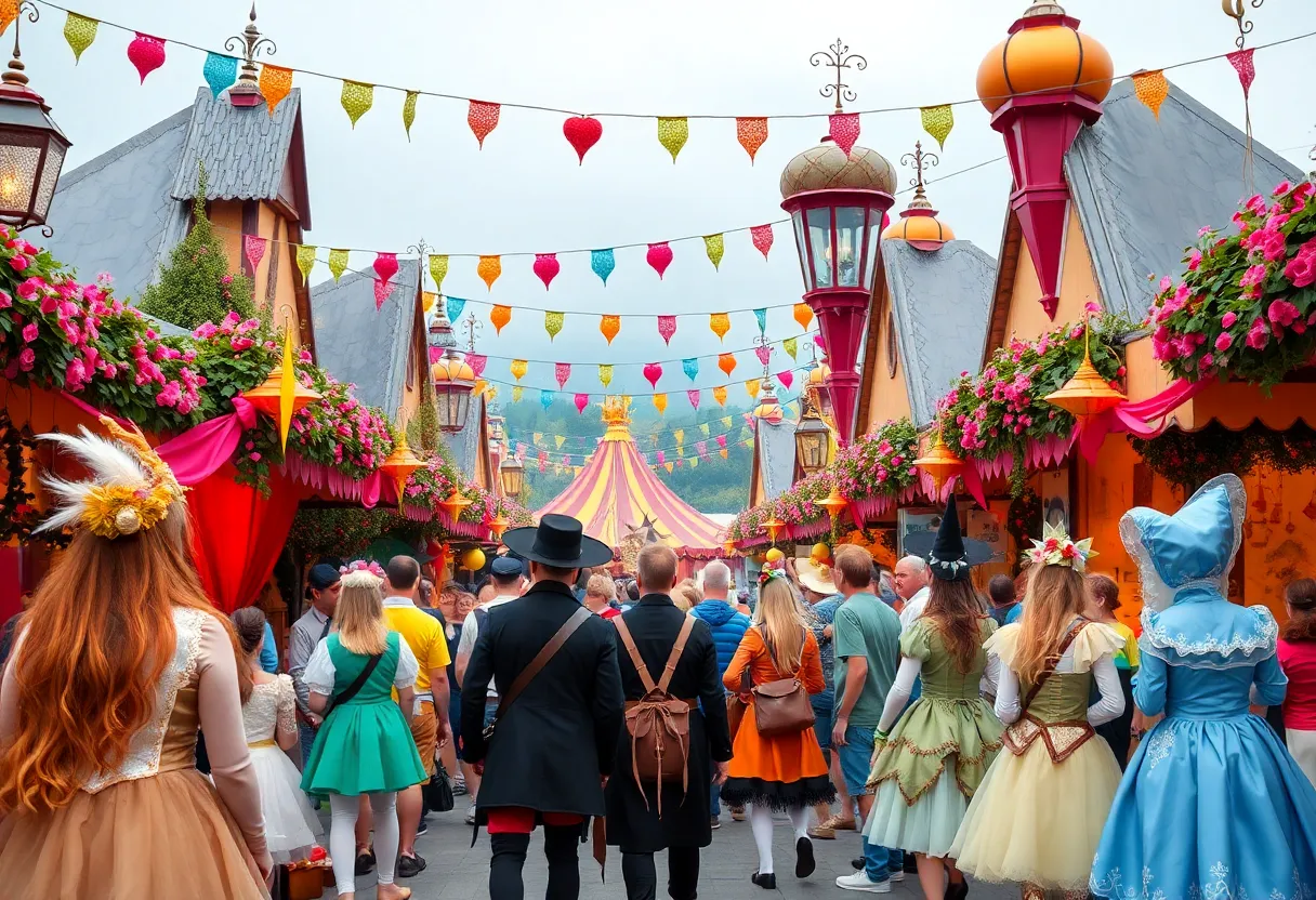 Scene from the Enchanted Woods Fantasy Faire with colorful decorations and performers.