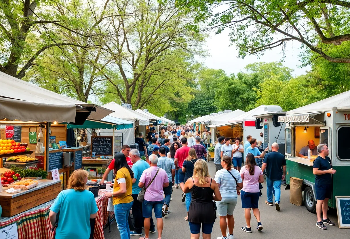 A bustling marketplace showcasing local vendors and food trucks in Grand Rapids.
