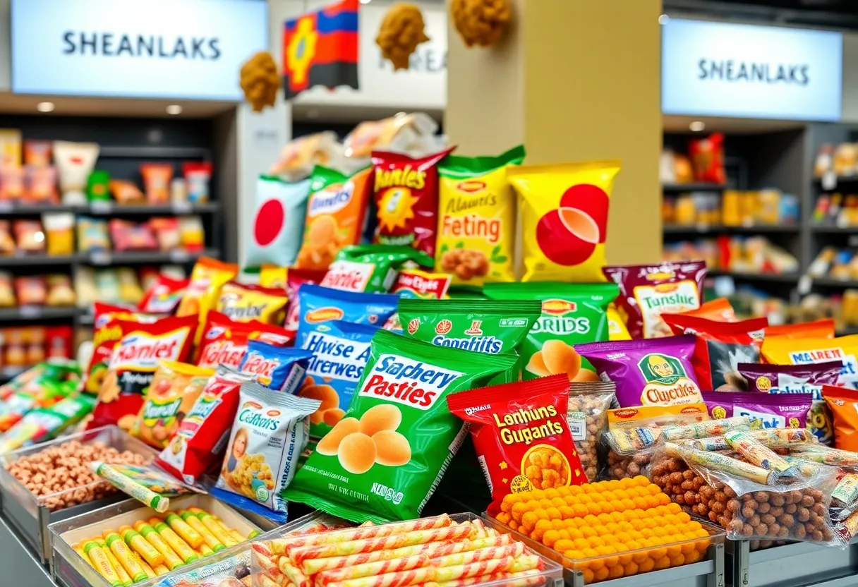 Vibrant array of international snacks and candies