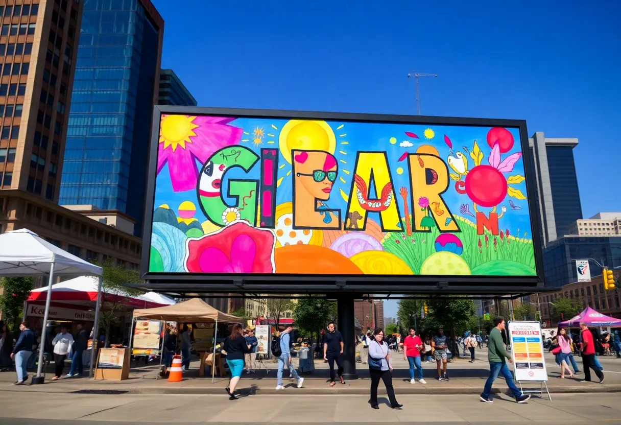 Billboard showcasing student art for ArtPrize festival in Grand Rapids