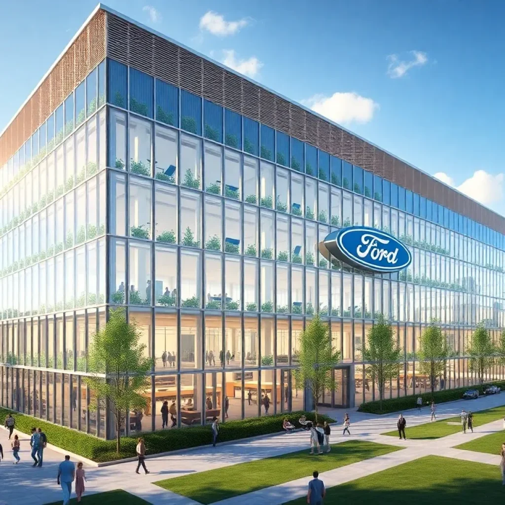 Concept design of Ford's new headquarters showcasing modern architecture and green spaces