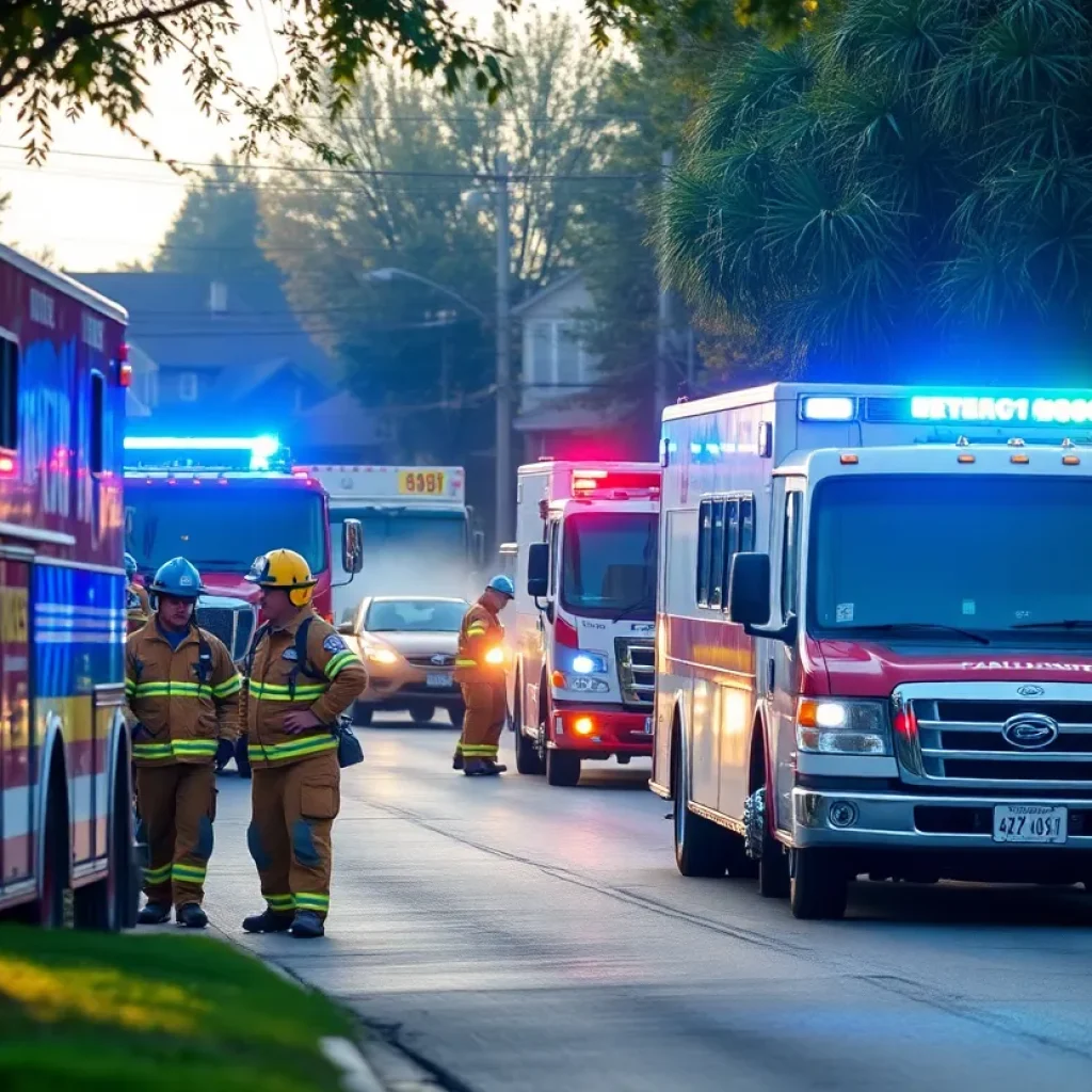 Firefighters and emergency vehicles at the scene of a gas leak in Grand Rapids