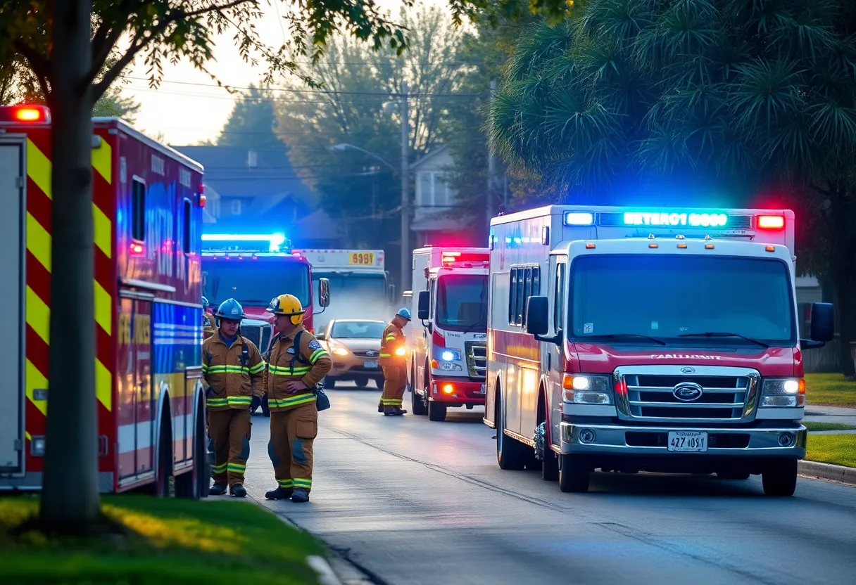 Firefighters and emergency vehicles at the scene of a gas leak in Grand Rapids