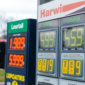Gas station displaying low prices for regular unleaded gas in Michigan