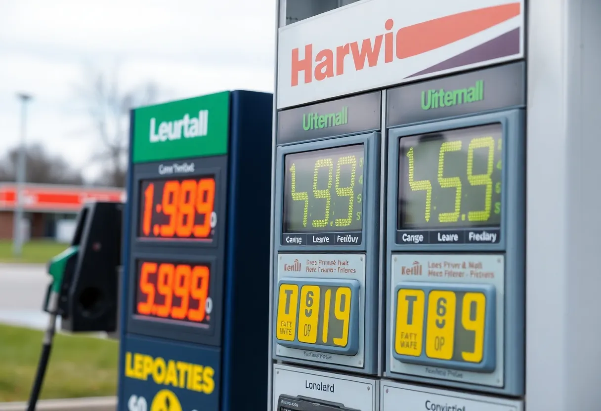 Gas station displaying low prices for regular unleaded gas in Michigan