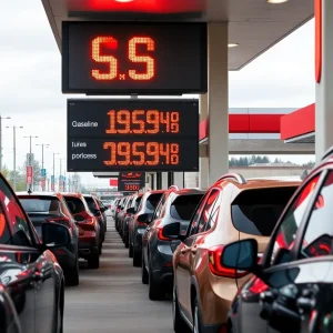 Gas station with cars waiting and visible gasoline price sign