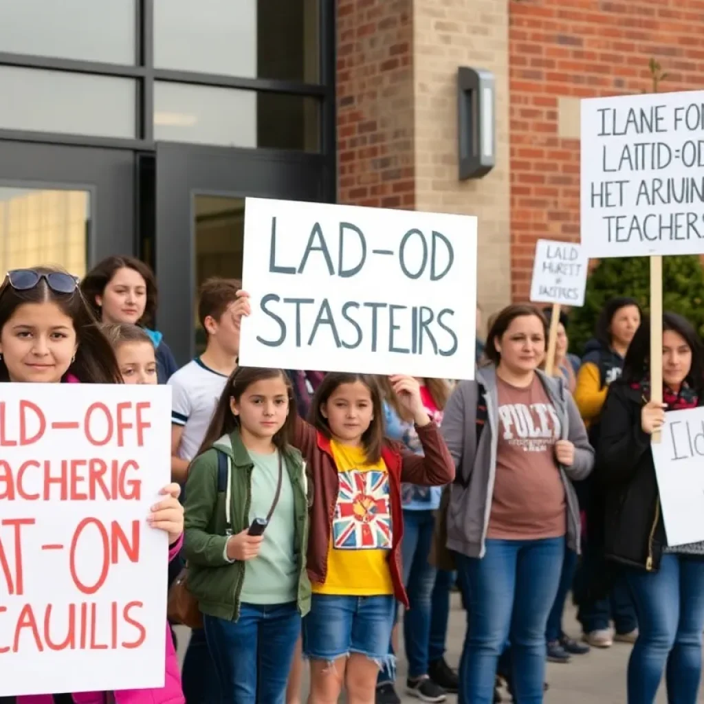 Students and parents protesting layoffs outside Godfrey-Lee School District
