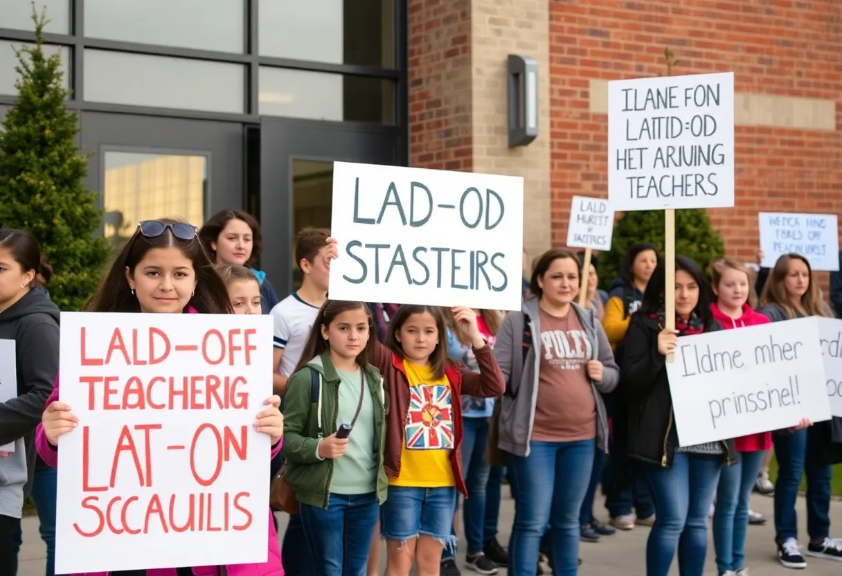 Students and parents protesting layoffs outside Godfrey-Lee School District