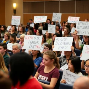 Teachers and students rallying for better pay at a school board meeting