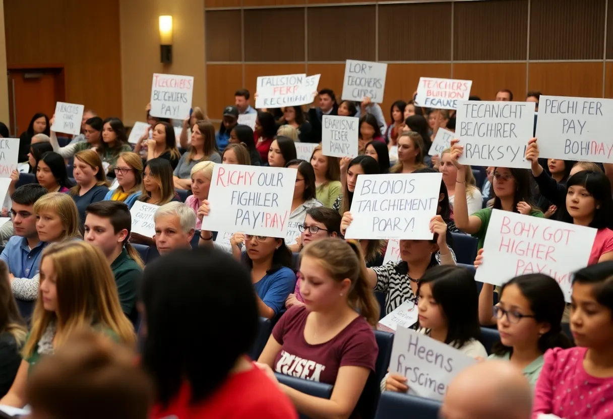 Teachers and students rallying for better pay at a school board meeting