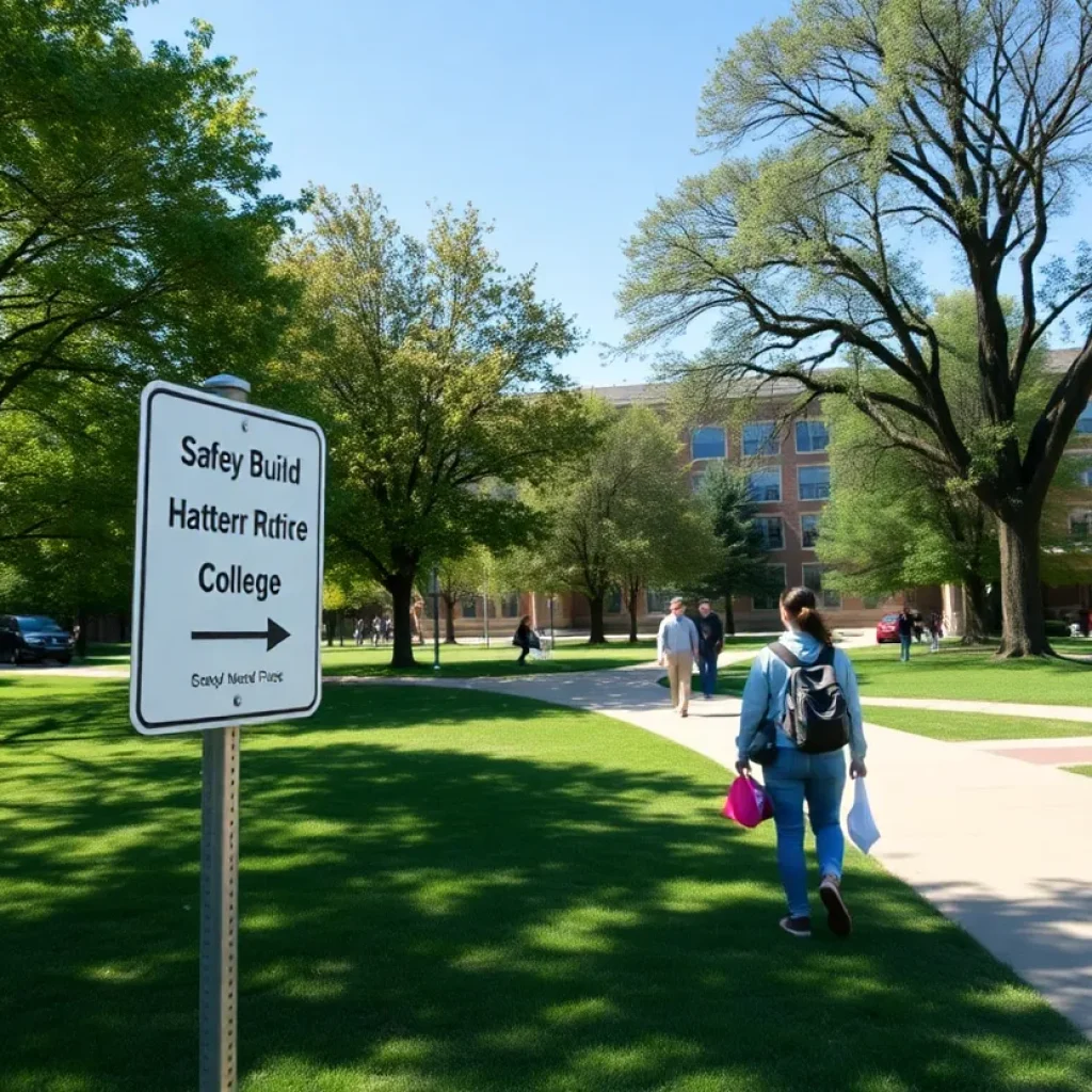 Campus safety signs at Grand Rapids Community College with students present