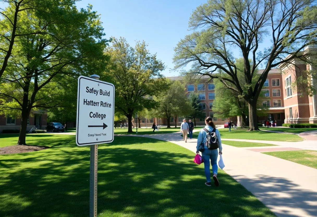 Campus safety signs at Grand Rapids Community College with students present