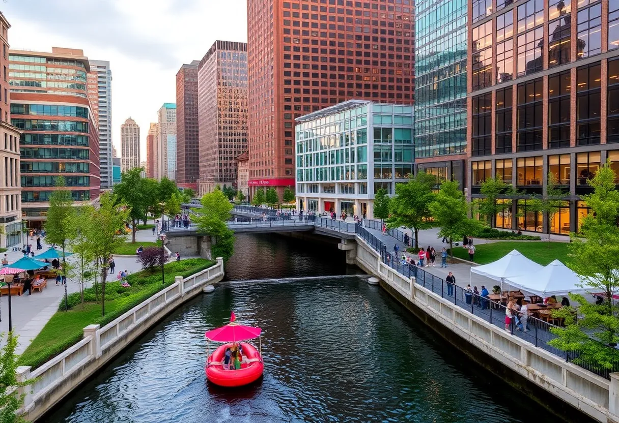 Aerial view of downtown Grand Rapids featuring new developments and public art installations.