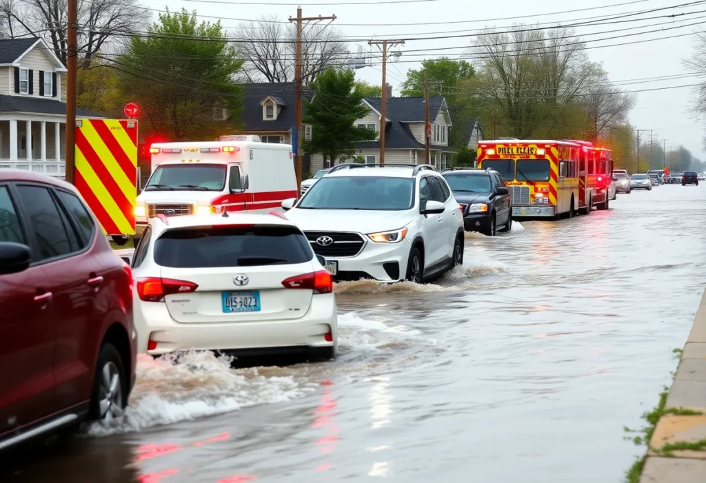 Vehicles stranded on flooded roads in Grand Rapids due to heavy rain.