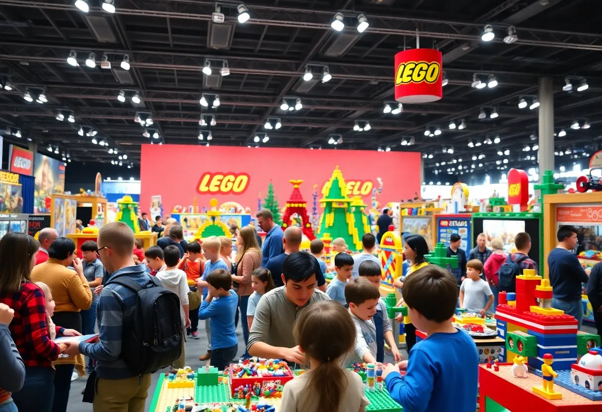 Families enjoying the Brickworld LEGO Exposition with various LEGO displays and interactive activities