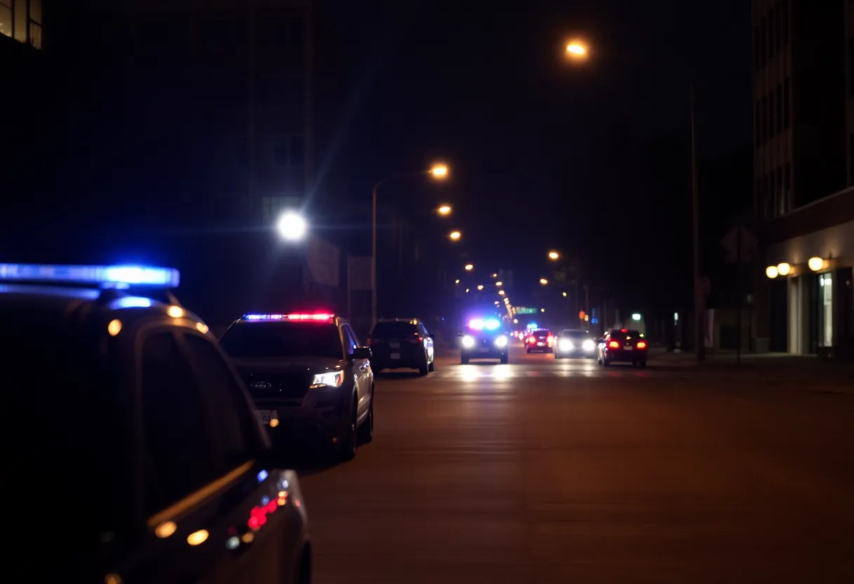 Police lights flashing in a deserted street in Grand Rapids, symbolizing safety concerns.