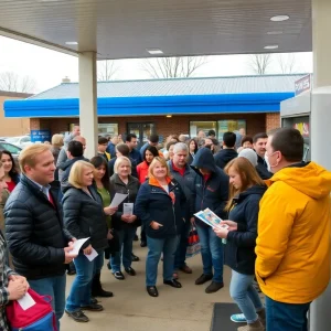 Crowd at a gas station in Grand Rapids buying Powerball tickets