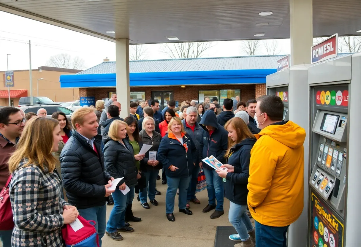 Crowd at a gas station in Grand Rapids buying Powerball tickets