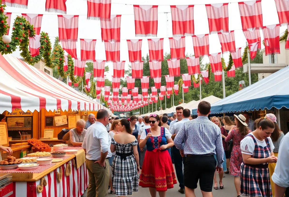 Colorful scene of Pulaski Days festival in Grand Rapids featuring dancers and food stalls.