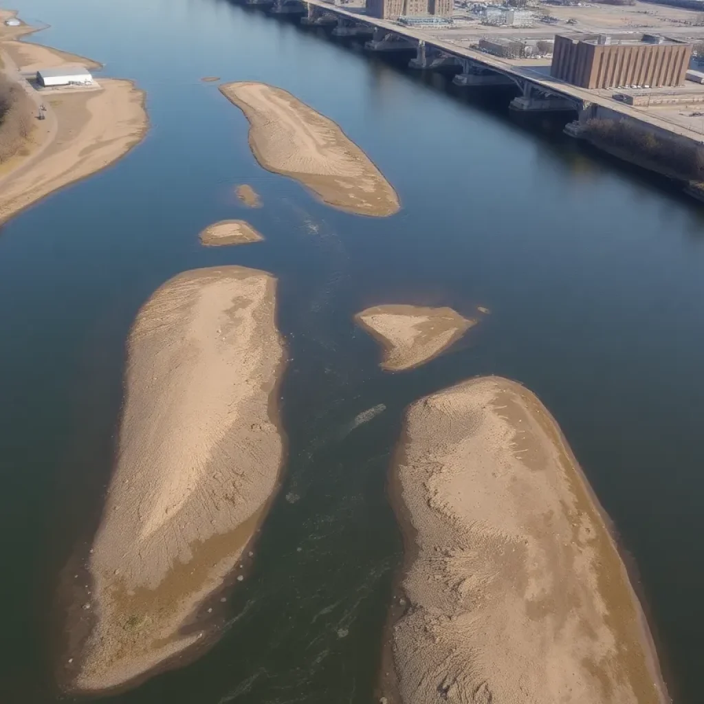 Drone view of the Grand River in drought, showing low water levels.