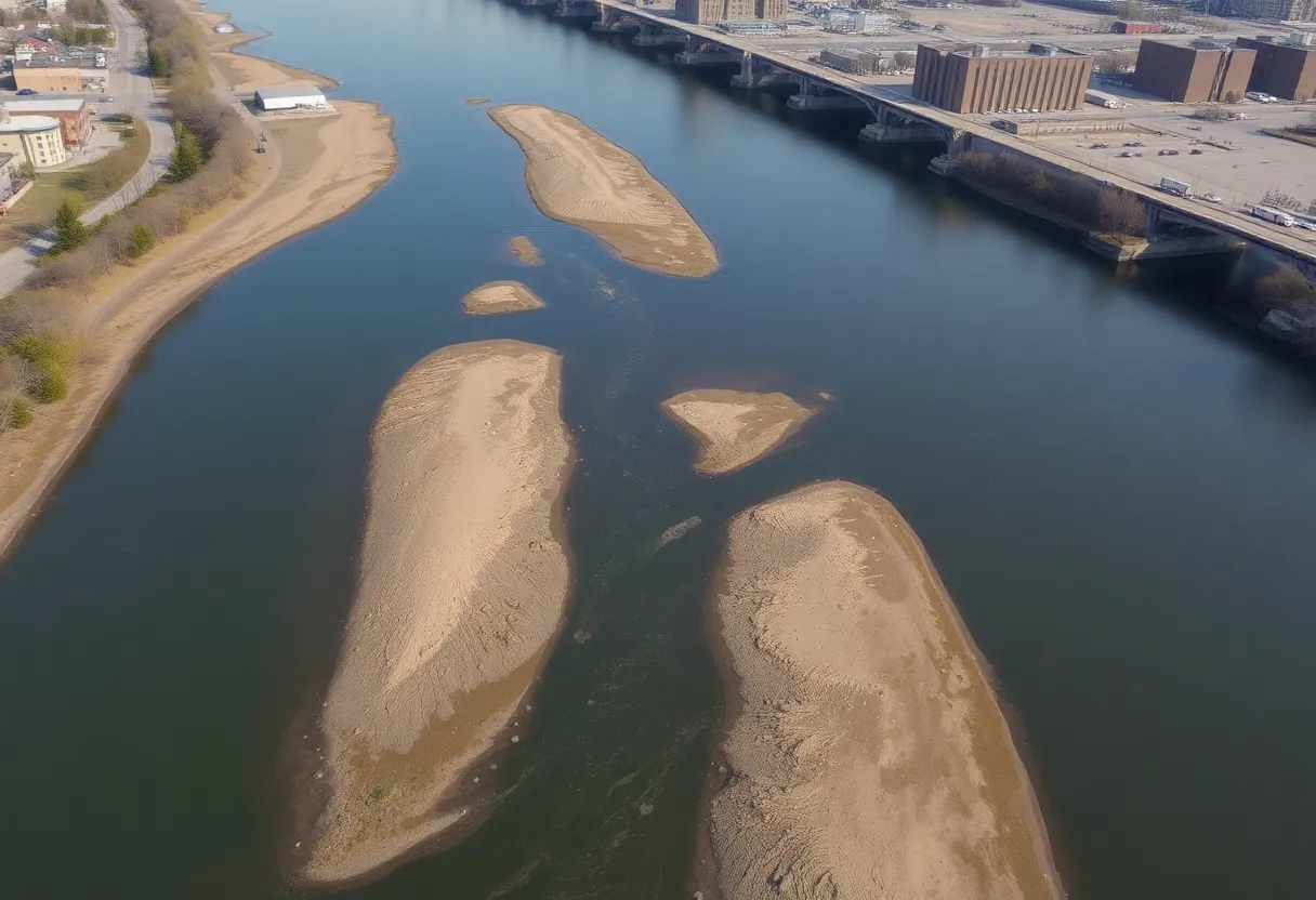 Drone view of the Grand River in drought, showing low water levels.