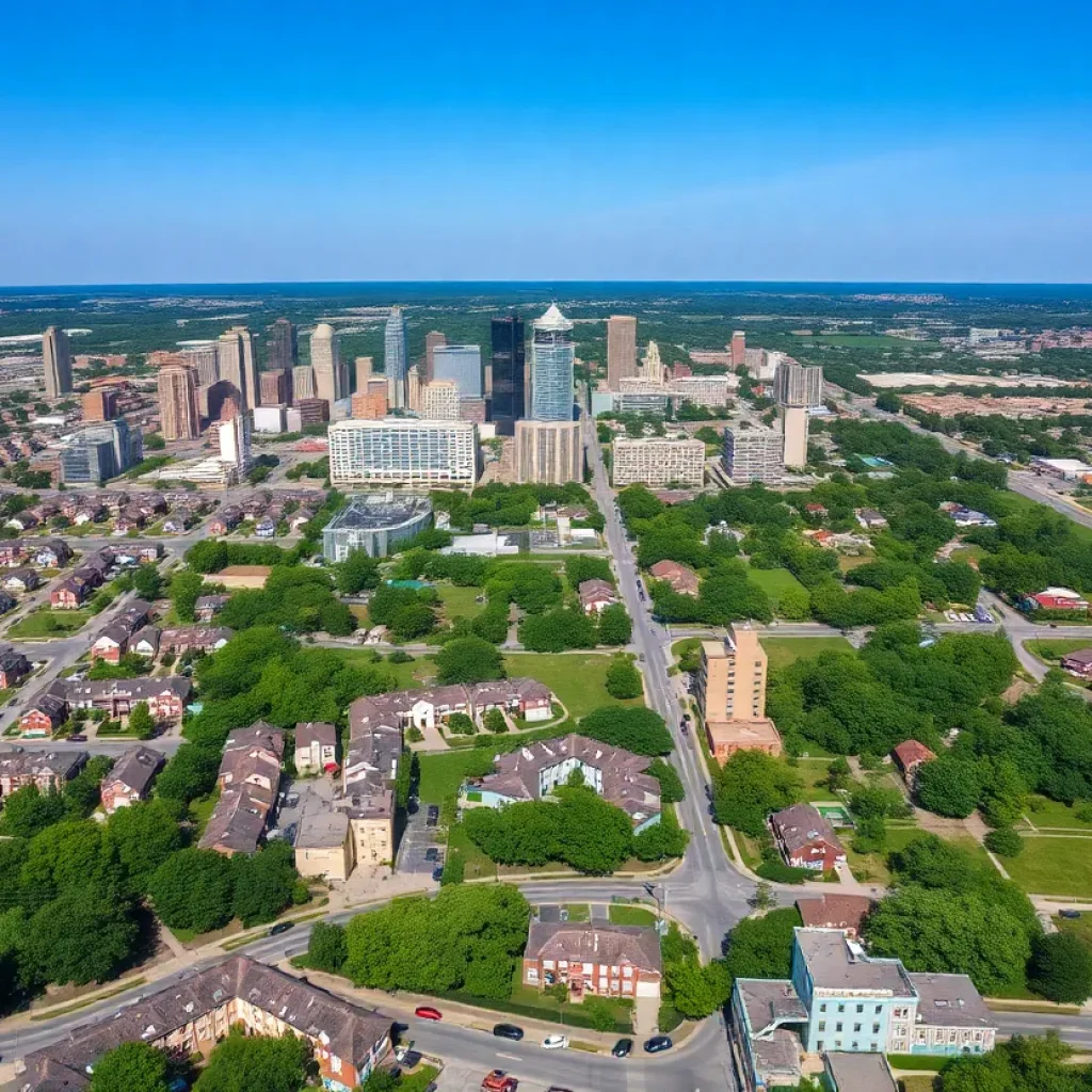Aerial view of Grand Rapids highlighting urban structures and residential areas