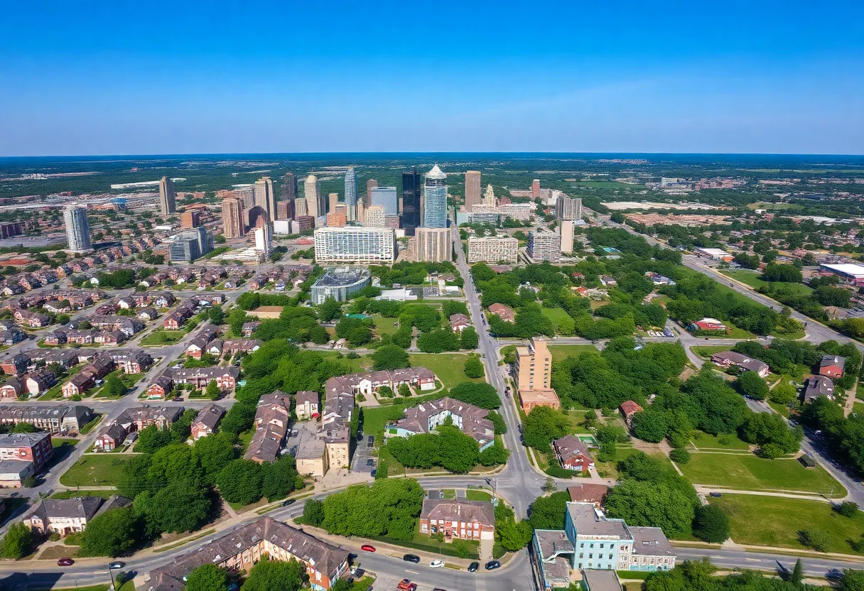 Aerial view of Grand Rapids highlighting urban structures and residential areas