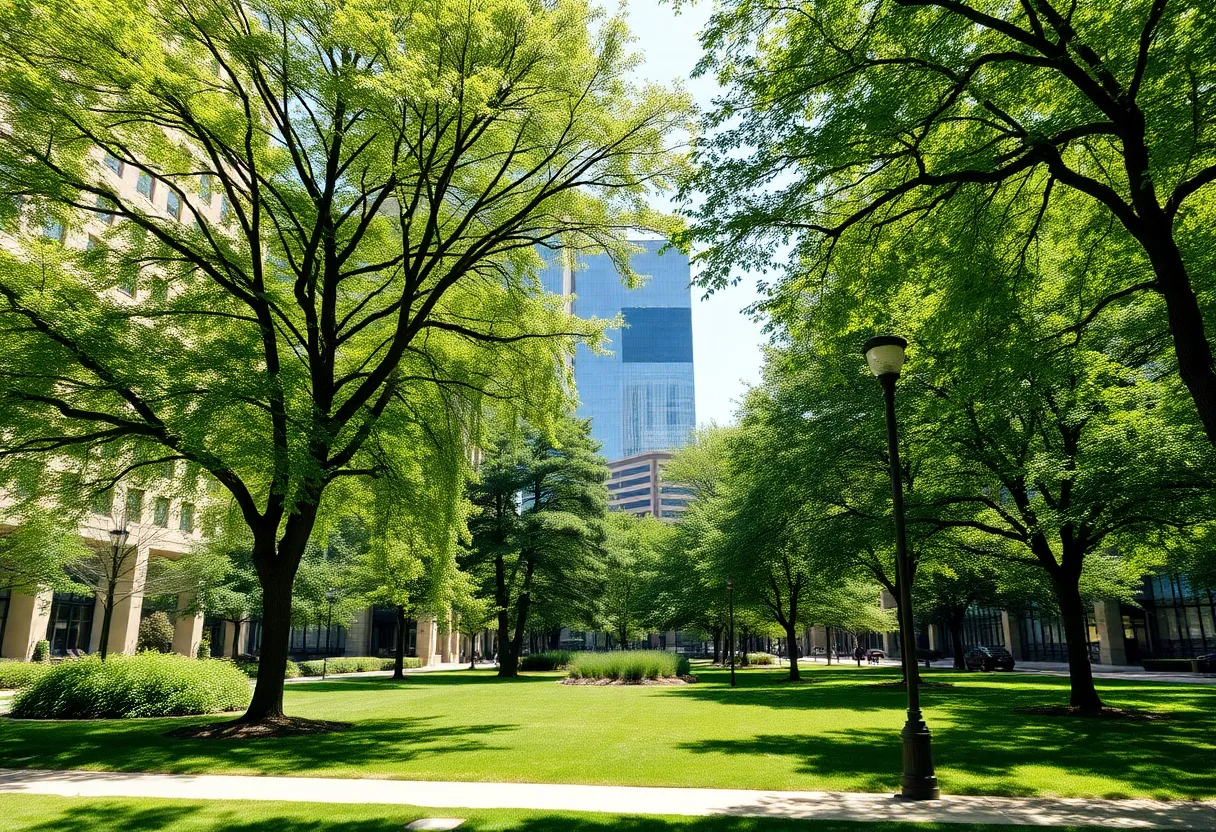 Shaded city park in Grand Rapids with trees and modern buildings