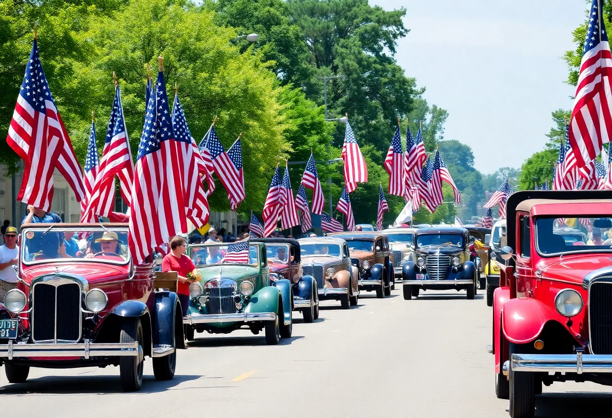 Community parade in Grand Rapids honoring WWII veterans with vintage vehicles