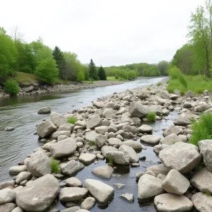 Restoration project at Grand River showcasing natural rocks and public access points