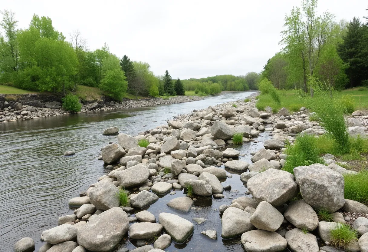 Restoration project at Grand River showcasing natural rocks and public access points