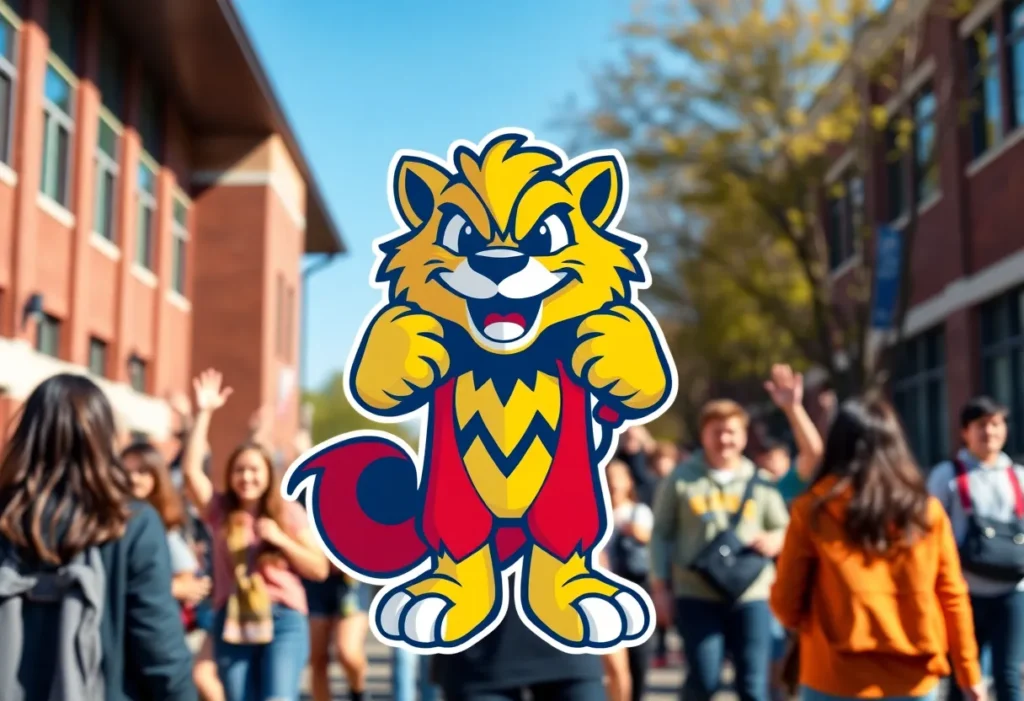 Illustration of a new mascot for Grand Rapids Community College celebrating with students.