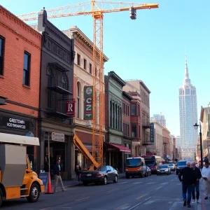 Greektown street undergoing renovation with construction workers and pedestrians.